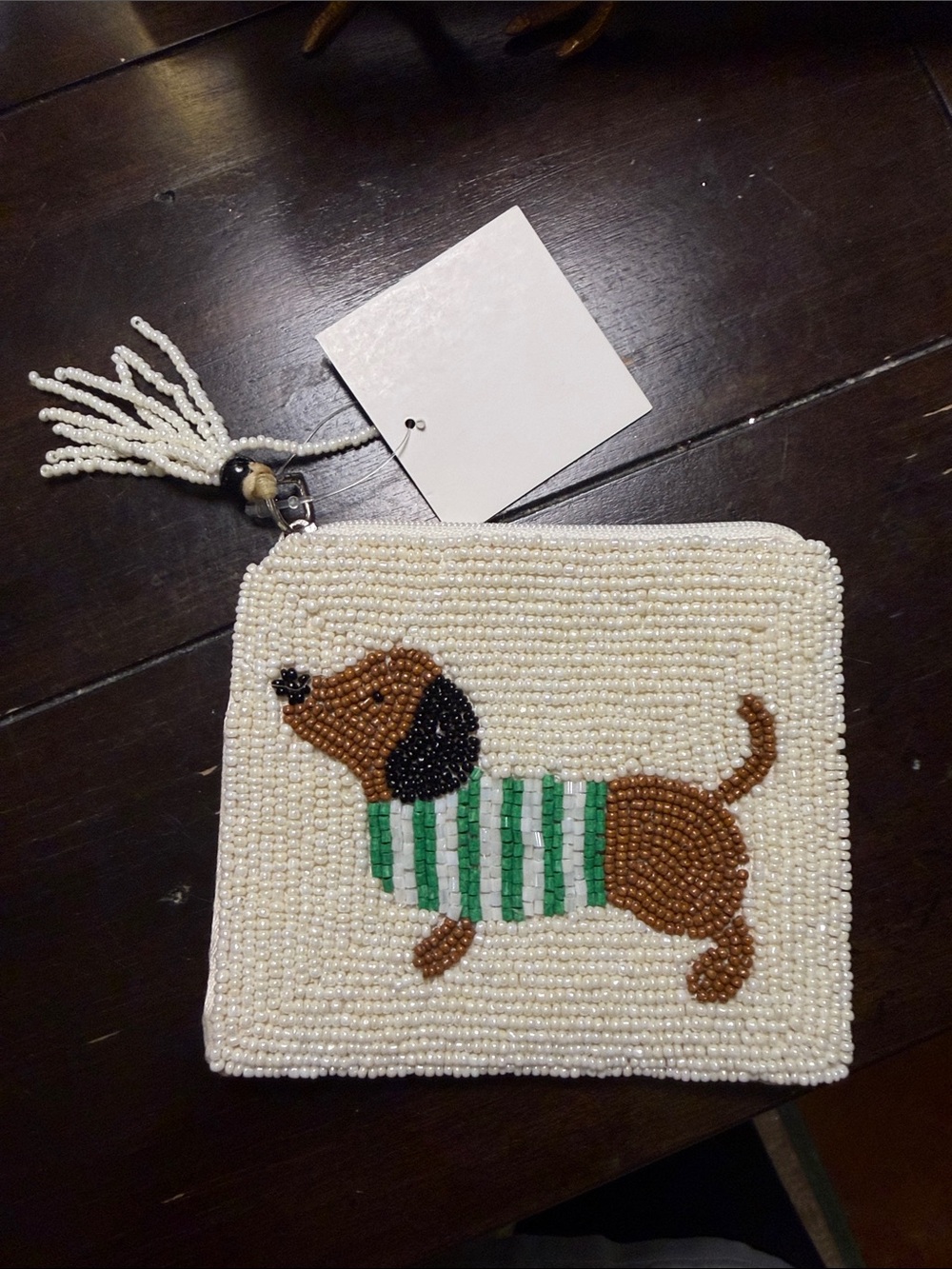 Beaded Dachshund Coin Purse - White with Green Stripes